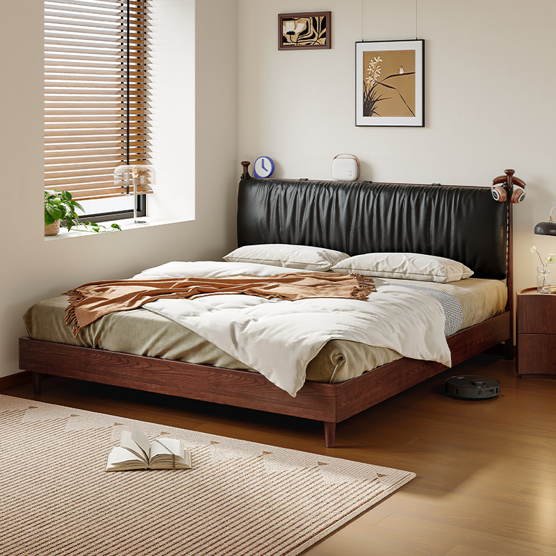 中古风黑色真皮床简约软包双人床