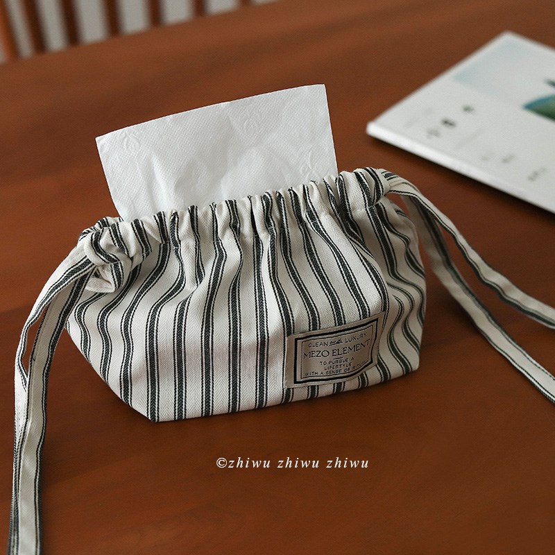 枝悟 简约条纹抽纸盒 餐桌布艺纸巾E收纳包 复古可挂式车载纸巾袋