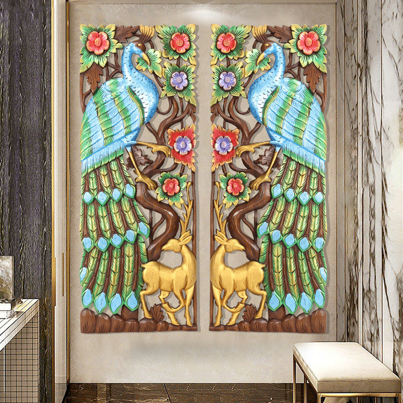 东南亚实木孔雀雕花板复古客厅装饰壁挂I泰式玄关背景墙饰隔断壁