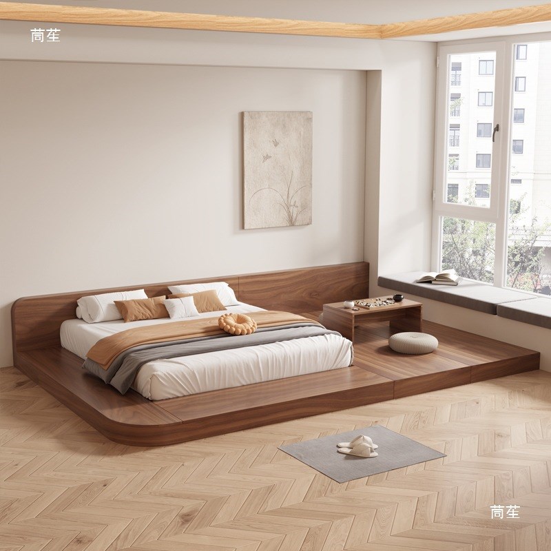 日式特大床榻榻米低床双人落地板式床地铺地台矮床Y可实木圆弧