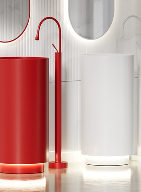 红色不锈钢立柱盆k落地式一体圆形洗手盆酒店民宿卫生间洗脸盆面