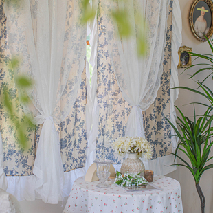 法式复古半遮光布纱一体荷叶边蕾丝风出租房窗帘阳台隔断双层帘子