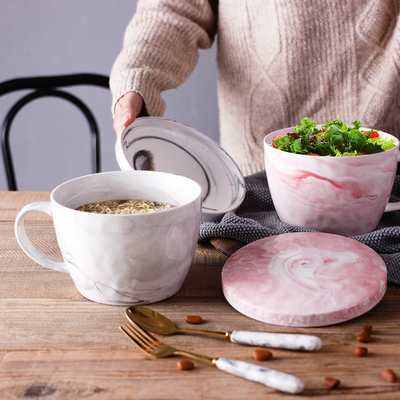 大理石纹早餐超大容量陶瓷泡面碗带盖把烤箱微波炉加热家用汤饭碗