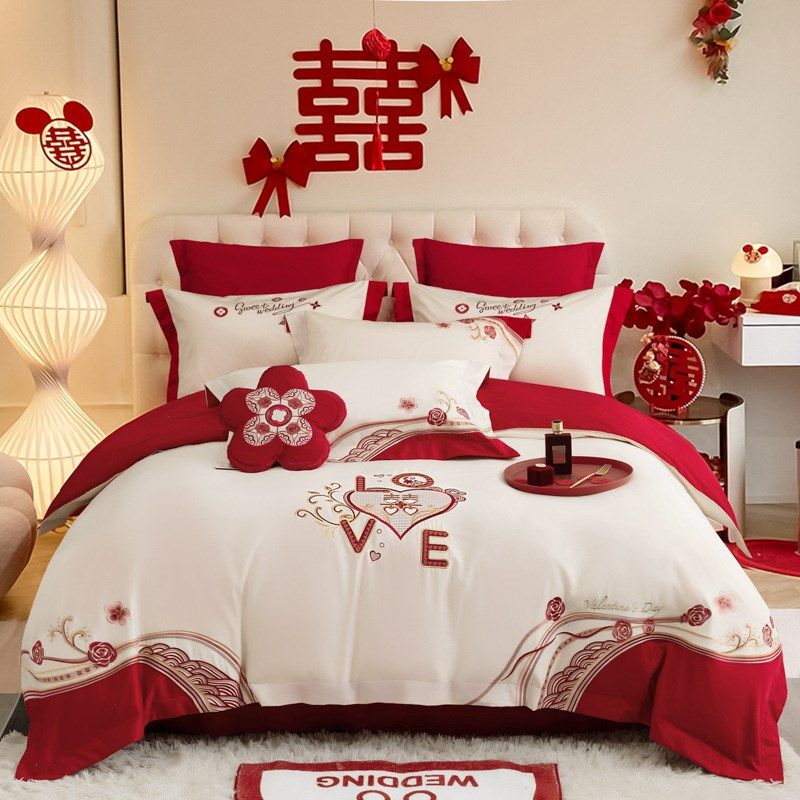 100支长绒棉轻奢刺绣婚庆四件套床上用品结婚四件套红色床单被套
