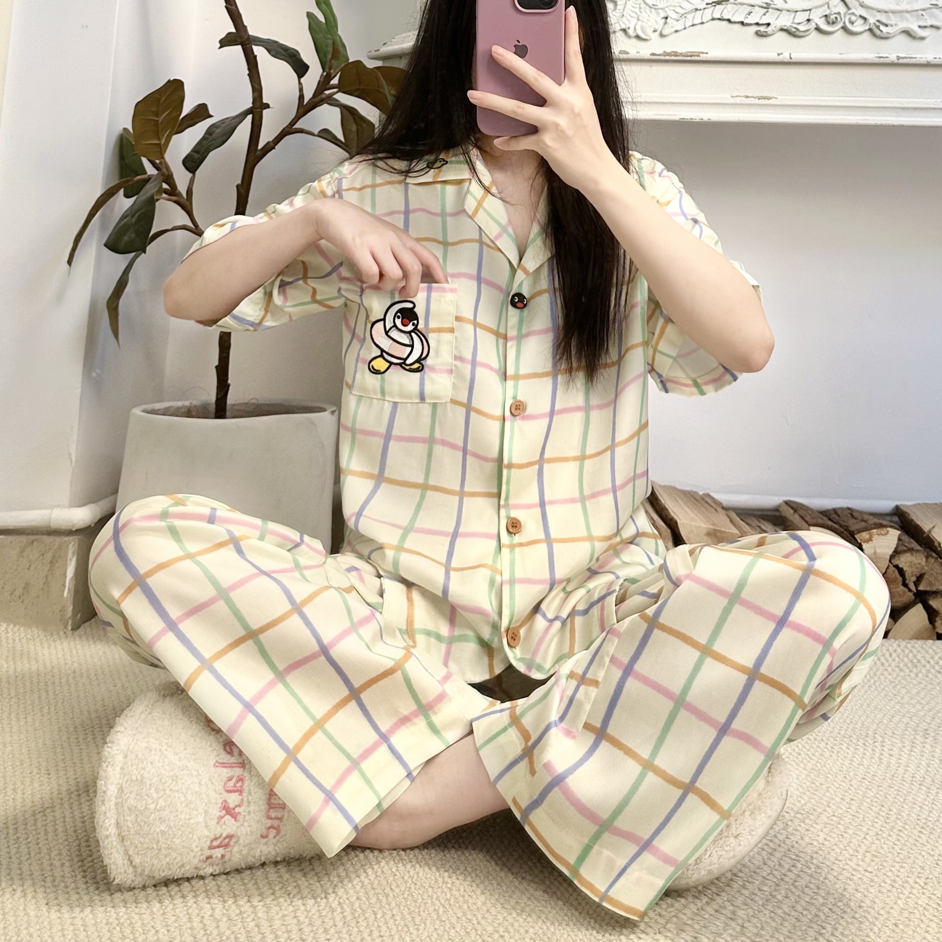 黛芙琳联名新款格子企鹅三件套夏季睡衣女可外穿100%天丝家居服