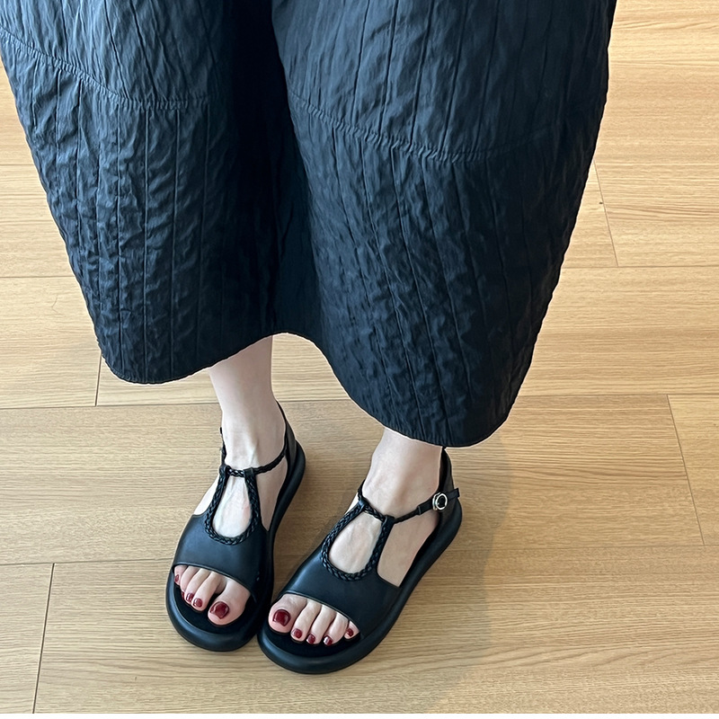 巨好穿不累脚复古编织软底休闲外穿平底凉鞋女夏季新款厚底罗马鞋