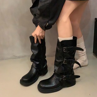 小众复古粗跟中高筒靴西部牛仔堆堆靴骑士靴早秋马丁靴法式 女靴子