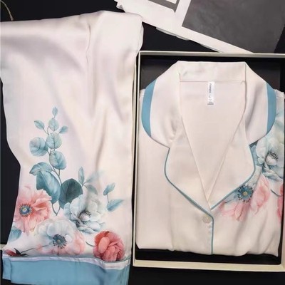 春秋睡衣女贡缎冰丝绸长袖复古套装网红款外穿轻奢休闲家居服