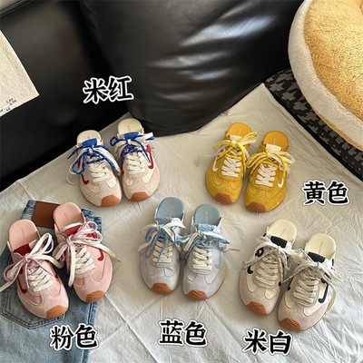 羊皮王一博同款鞋子真皮内增高包头半拖鞋女双系带包头休闲德训鞋