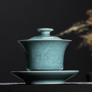 青瓷盖碗茶杯大号龙泉手工刻花陶瓷单个泡茶功夫茶具复古手抓家用