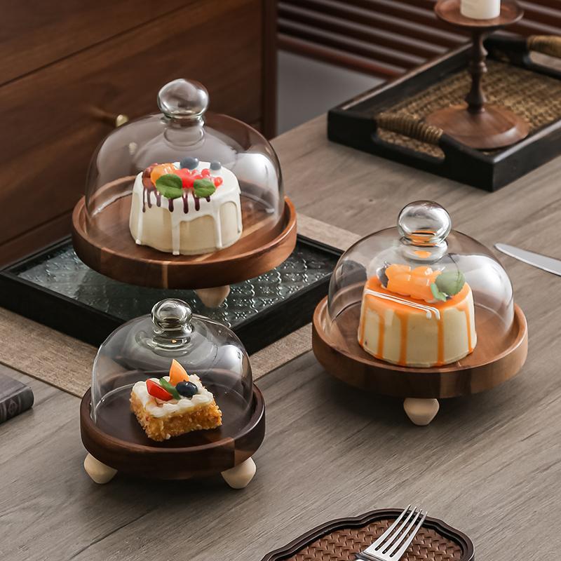 圆形高档实木托盘茶水果糖干果盘木质蛋糕盘面包糕点展示盘玻璃罩