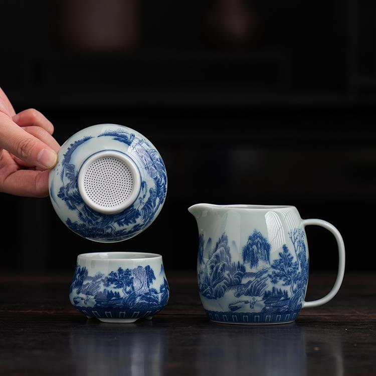 青花瓷茶滤过滤网景德镇全瓷细密茶隔陶瓷茶具配件茶漏一体公道杯