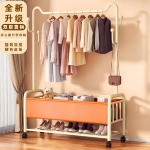 家用卧室多功能落地晾衣架出租屋阳台金属碳钢可移动带筐篮衣帽架