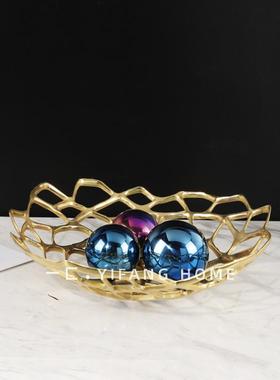 一匚现代简约创意样板房茶几镂空黄铜托盘水果盘收纳器皿摆件客厅