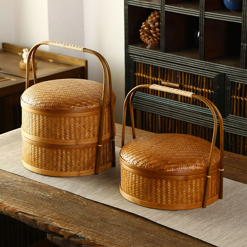 手工竹编大漆提篮双层食盒圆形带盖点心篮普洱茶饼收纳篮月饼礼盒