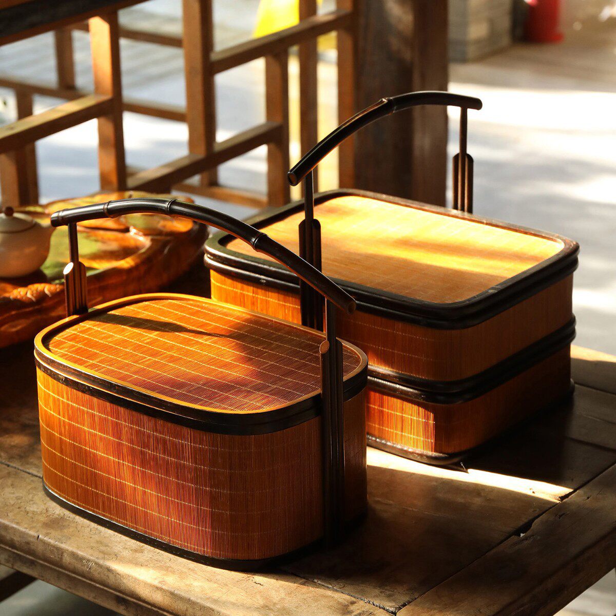 竹丝手提盒新款手工竹编双层食盒提手篮送餐篮点心篮月饼包装礼盒