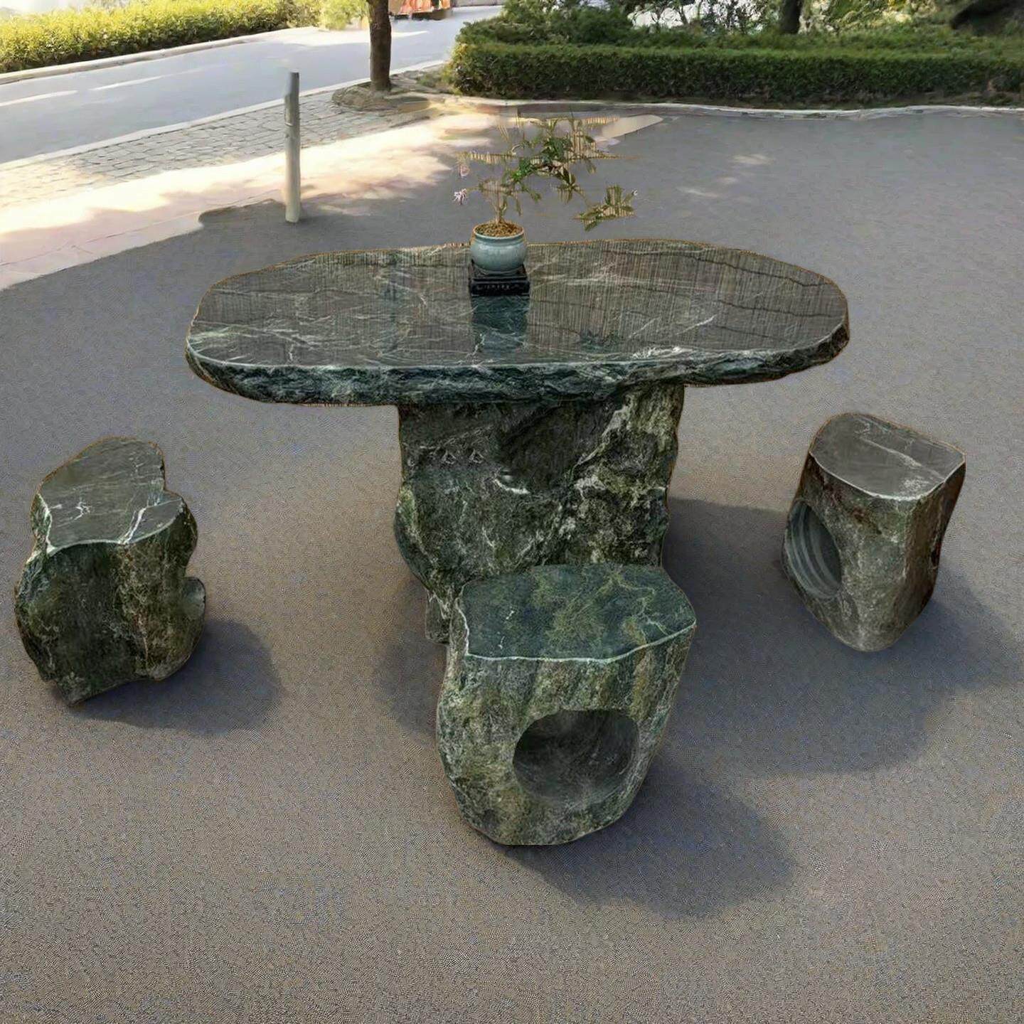 天然整石头桌凳户外庭院石材富贵绿分体桌别墅花园休闲桌椅一套