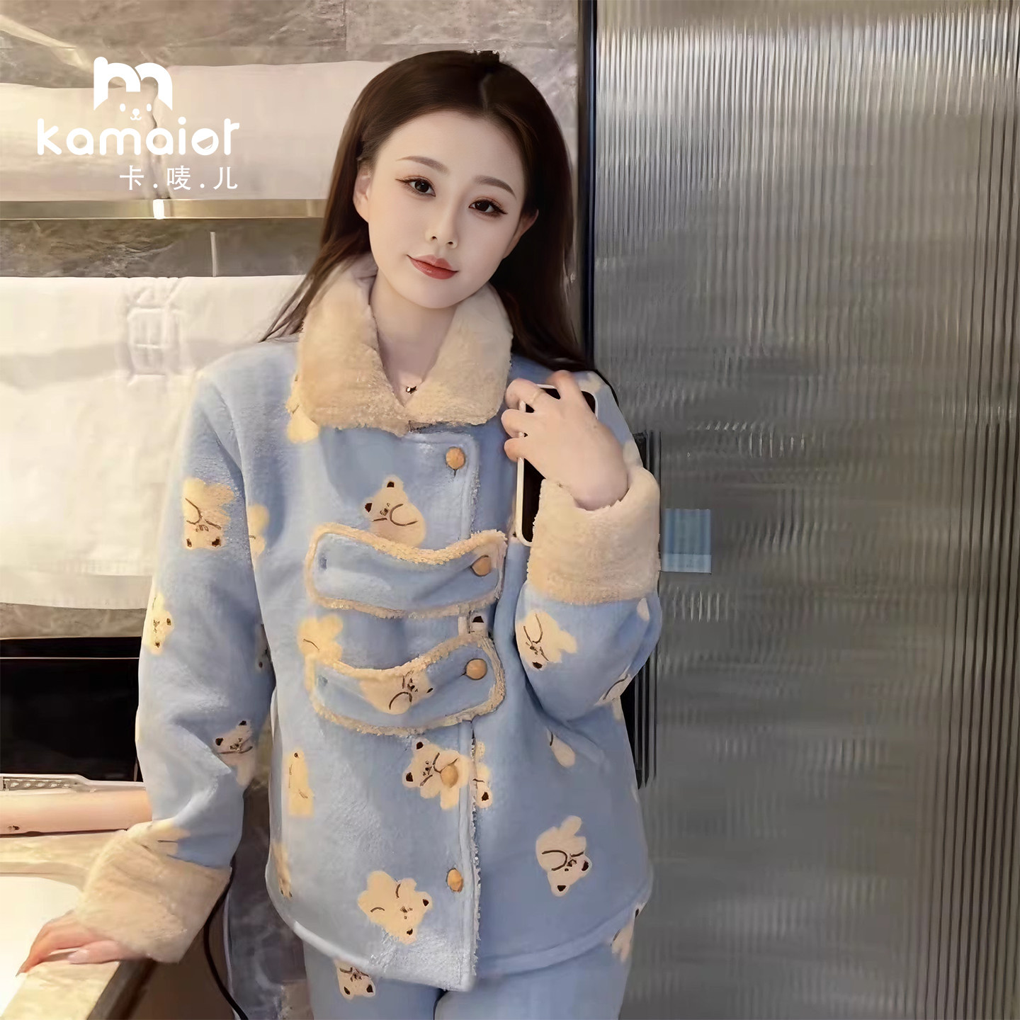 珊瑚绒冬季睡衣女加绒加厚保暖家居服可爱显瘦休闲舒适可外穿套装