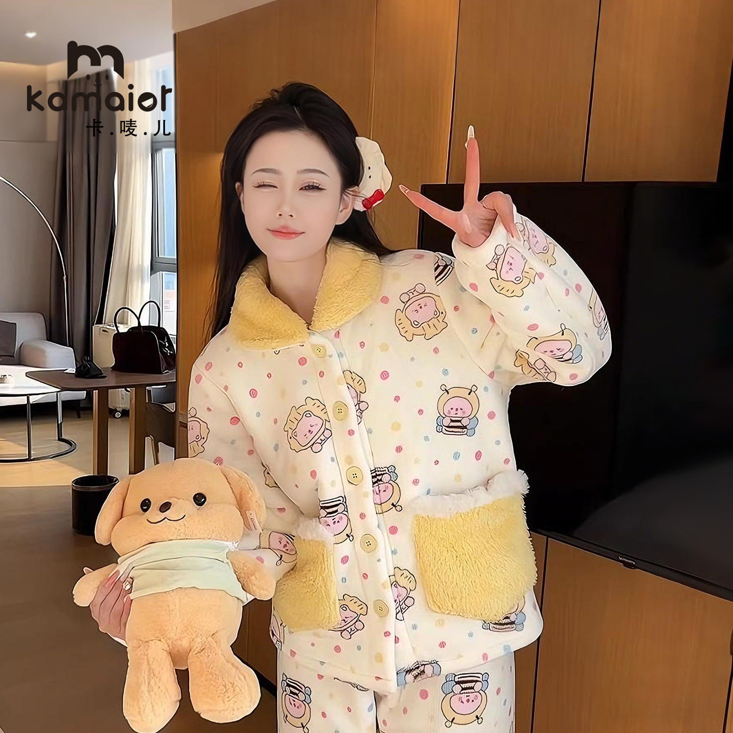 睡衣女冬季加绒加厚气质可爱精保暖毛绒绒长袖家居服套装可外穿