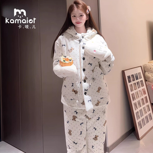珊瑚绒睡衣女冬季2026新款加厚连帽可爱加绒外穿家居套装显瘦外穿
