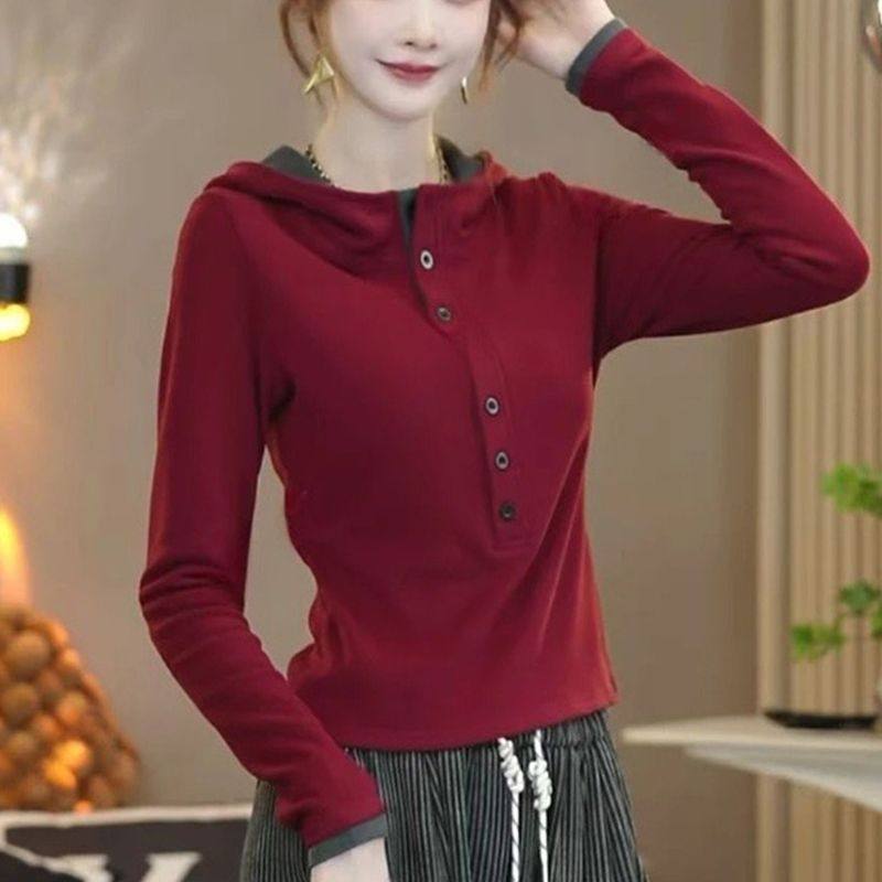 秋冬洋气纽扣设计T恤中年妈妈德绒保暖内搭上衣长袖连帽打底衫女,女装/女士精品,大码内搭,淘宝优惠券,粉丝福利购,淘宝优惠卷