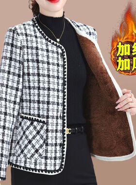 毛呢洋气妈妈装中老年秋冬小香风上衣新款大码加绒加厚开衫外套女