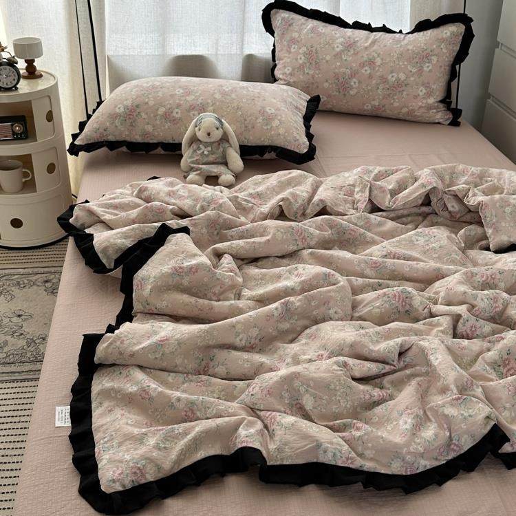 韩系田园ins少女粉玫瑰花水洗棉夏凉被四件套夏季空调被薄被芯2m