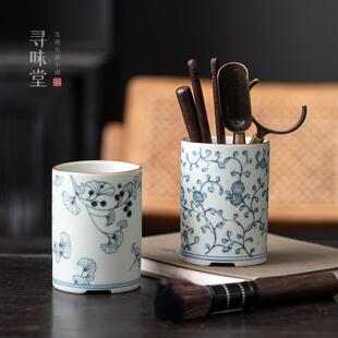 青花汝窑茶道六君子|复古陶瓷收纳筒笔筒 中式功夫茶具配件套组