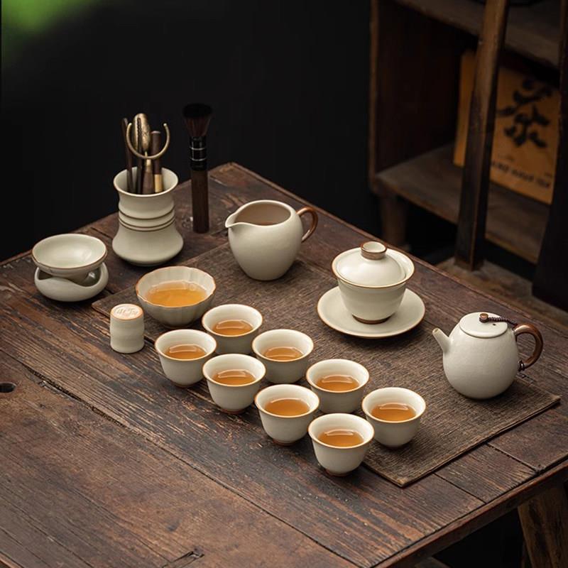 高端汝窑功夫茶具套组整套冰裂可养可开片陶瓷办公泡茶壶盖碗送礼