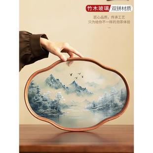 高档竹制海棠茶托盘寒江雪陶瓷功夫茶具干泡盘复古插画玻璃办公室