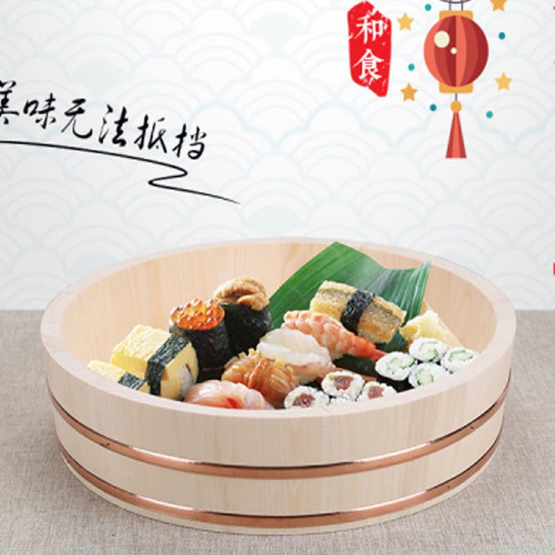 木制拌饭盆纯木紫铜边韩式拌饭木盆盘刺身米饭寿司拌饭盆日韩料理