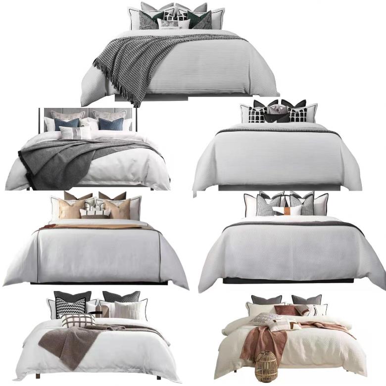 现代样板房主卧轻奢床品灰白 绿色十一件套展厅家具软装床上用品