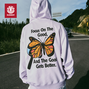 美国ELEMENT滑板连帽重磅卫衣女蝴蝶印花内里磨毛纯棉情侣上衣男