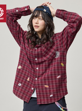美国ELEMENT滑板长袖衬衫女复古红色格纹印花单排扣休闲百搭外套