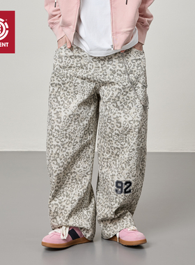 美国ELEMENT滑板休闲裤女美式复古豹纹刺绣直筒百搭廓型弯刀裤潮