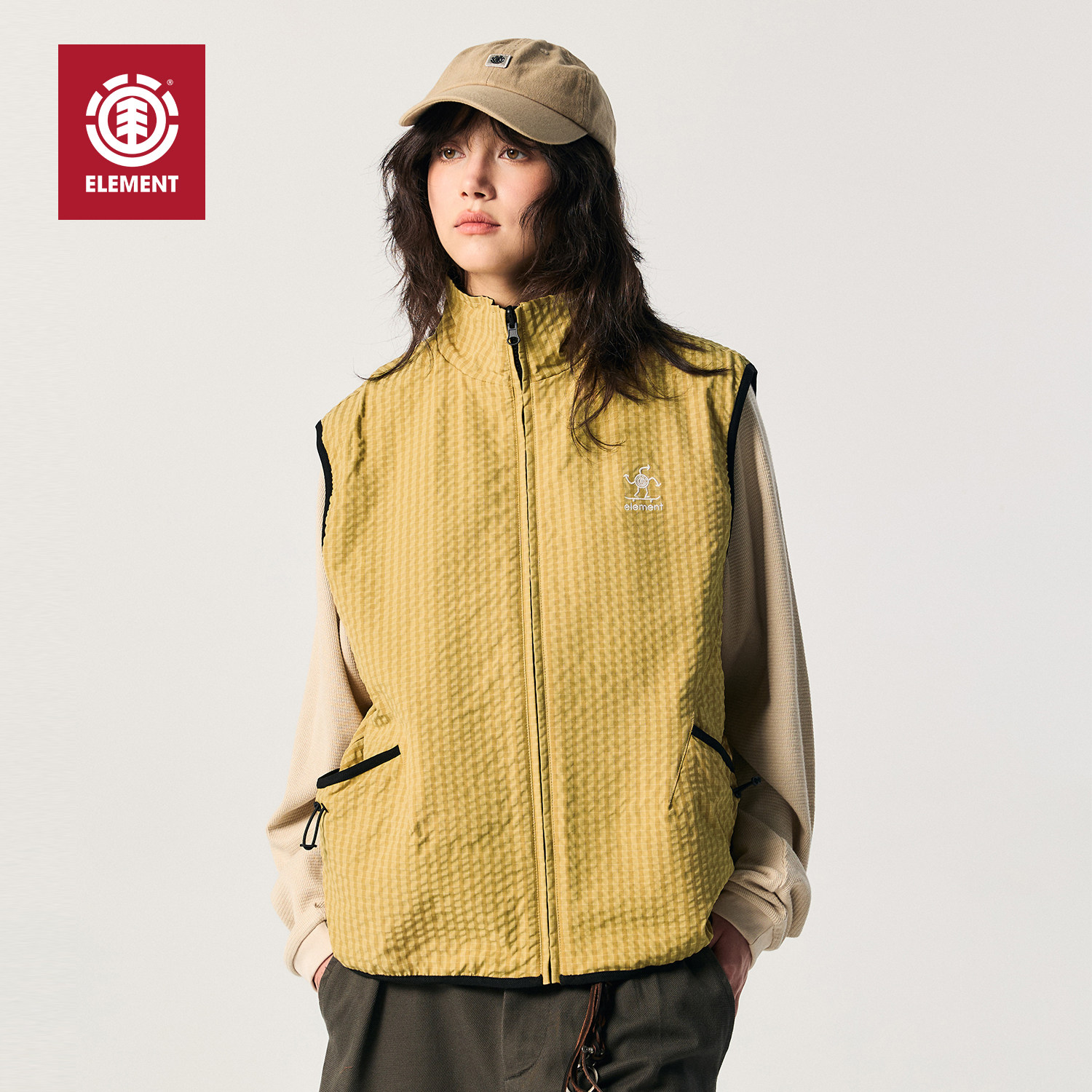 美国ELEMENT滑板马甲女宽松姜黄复古格纹立领双面穿百搭休闲外套,女装/女士精品,马夹,淘宝优惠券,粉丝福利购,淘宝优惠卷