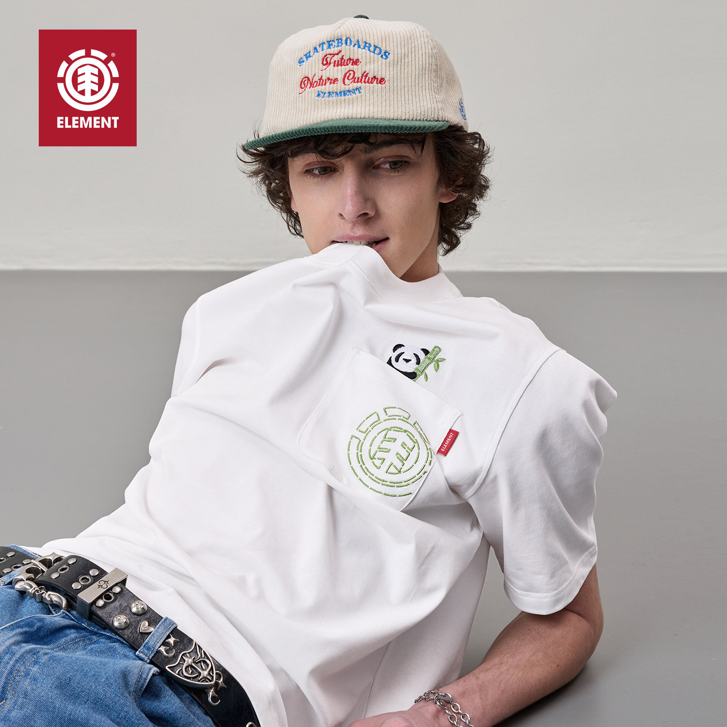 美国ELEMENT滑板&NT系列短袖T恤男白色宽松熊猫刺绣纯棉正肩上衣