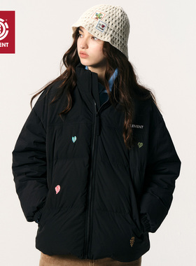 美国ELEMENT滑板羽绒服女宽松黑色立领花卉刺绣青少年加厚外套潮