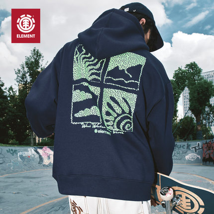 美国ELEMENT滑板&「四元素」连帽卫衣男宽松深蓝色加绒落肩上衣潮