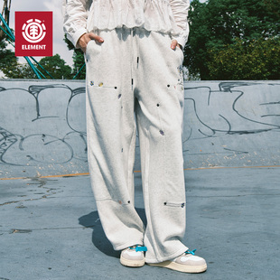 美国ELEMENT滑板卫裤 潮 女灰色直筒logo刺绣羊毛蚕丝加绒阔腿长裤