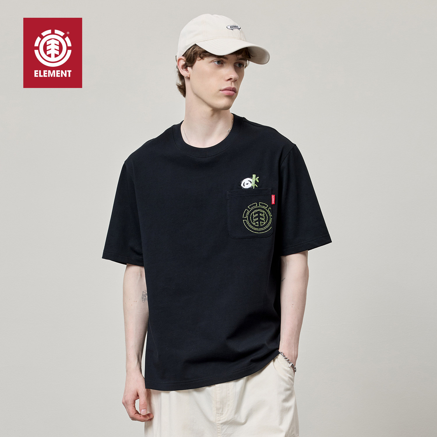 美国ELEMENT滑板&NT系列短袖T恤男黑色熊猫卡通刺绣百搭重磅上衣