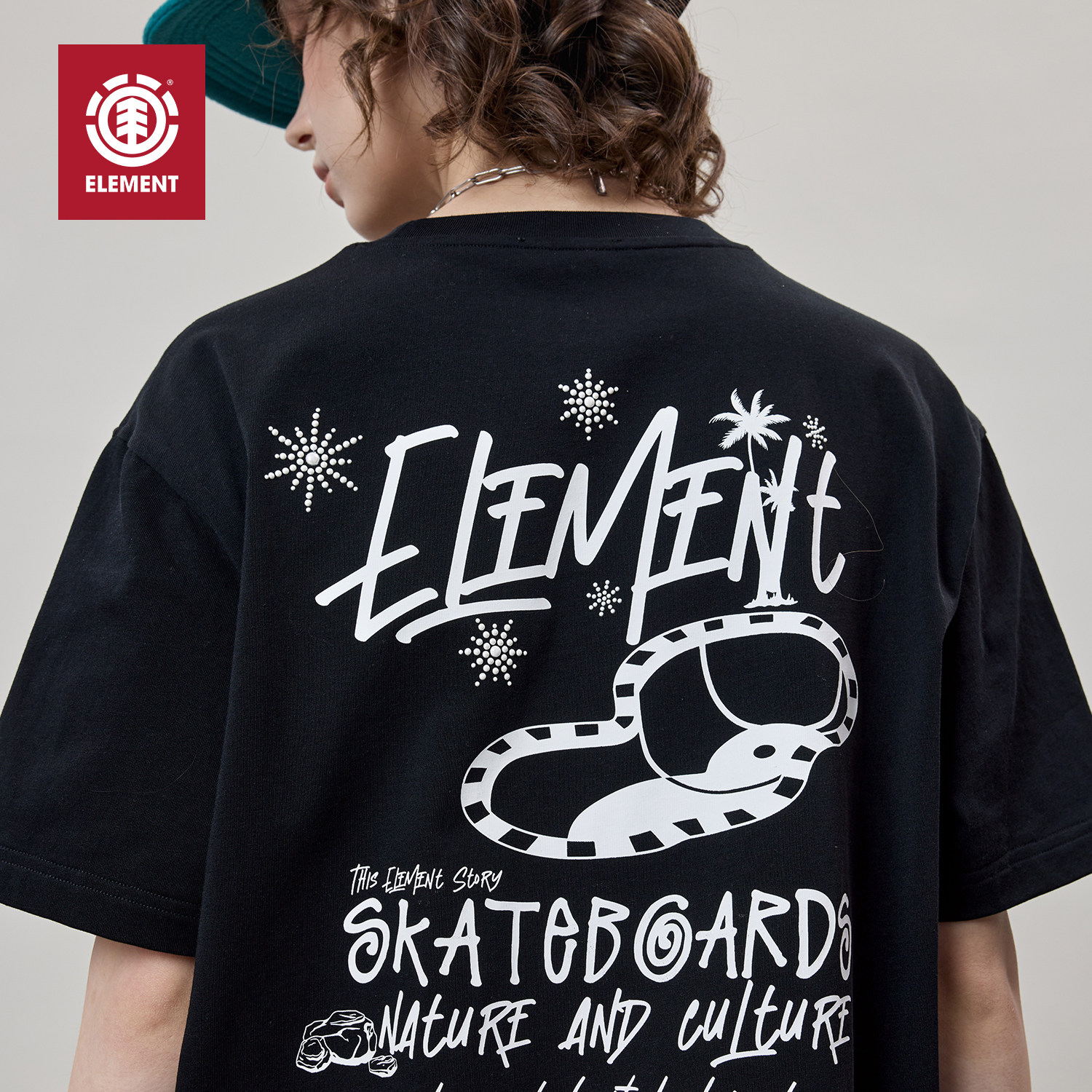 美国ELEMENT滑板短袖T恤女街头风黑色星星烫钻百搭纯棉重磅上衣潮