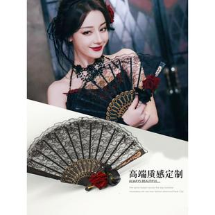 哥特式 欧洲蕾丝扇覆古玫瑰黑暗女儿盖手持折扇舞蹈扇道具 风格