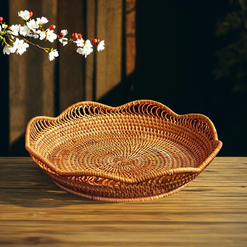 越南藤编水果篮日式镂空波浪糖果盘馒头筐糖果零食花边秋藤收纳筐
