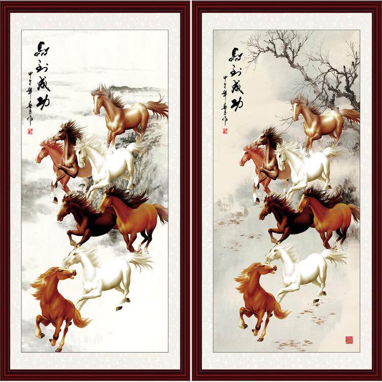 装饰画客厅玄关背景墙无框画芯山水风景国画竖版挂马到成功八骏图
