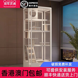 香港包邮全景玻璃猫别墅家用实木猫笼子猫砂盆一体猫舍豪华猫屋子