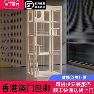 香港包邮全景玻璃猫别墅家用实木猫笼猫砂盒集成猫笼豪华猫屋猫窝
