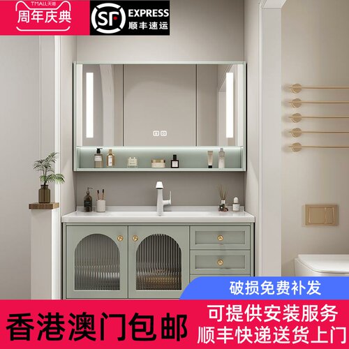 香港澳门包邮法式橡胶木浴室柜组合绿色洗手台盆柜洗漱台洗脸盆陶