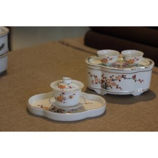 潮州海棠型整套工夫茶具 手绘暗香梅花 薄胎陶瓷盖碗茶杯 蛋壳杯