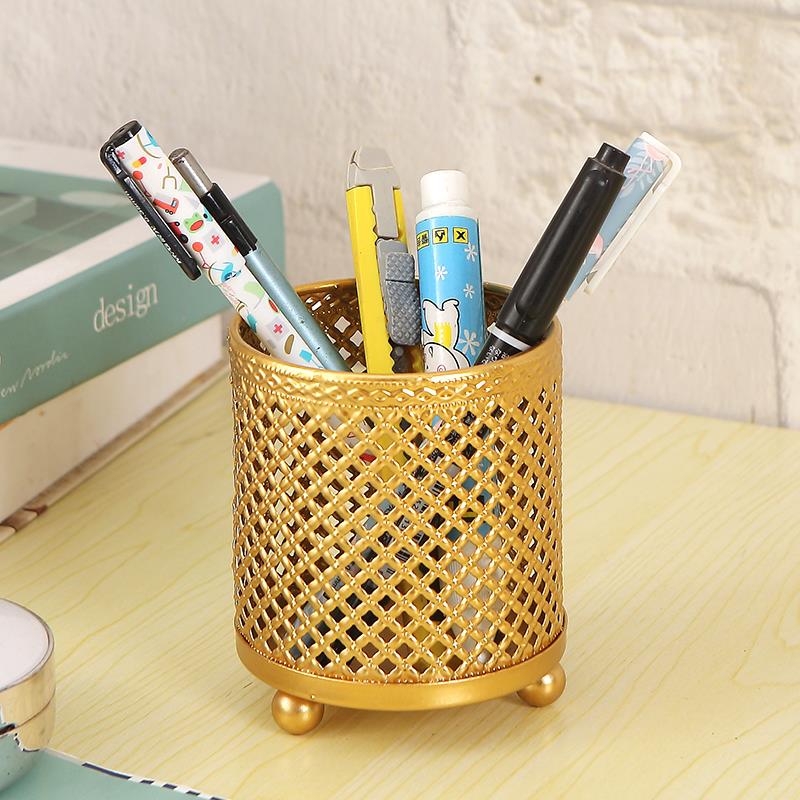 创意时尚铁艺圆形多功能简约办公室桌面文具收纳盒马克笔笔筒笔桶
